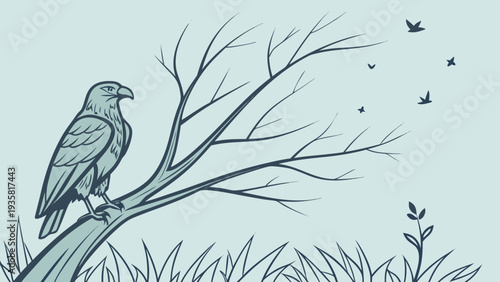 Majestic eagle perched on bare tree branch overlooking flying birds