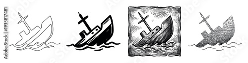 Set of four sinking ship illustrations in different graphic styles including line art, solid ink, vintage woodcut engraving, and modern stippling dotwork