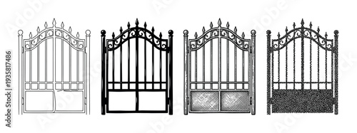 Set of four ornate wrought iron gates presented in different artistic illustration styles, including line art, silhouette, engraving, and stippling for a vintage look