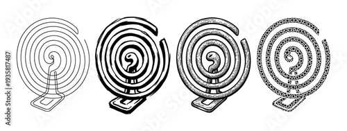Set of four mosquito repellent coils on stands shown in different graphic styles, from simple line art and bold ink to detailed hatching and a halftone dot pattern