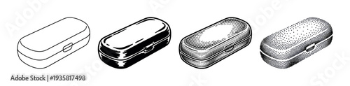 Small rectangular case illustrated in four different black and white artistic styles including line art, solid ink, detailed hatching, and pointillism