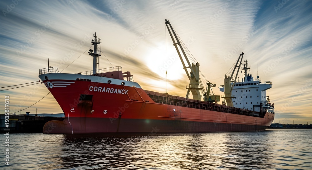 Fototapeta premium Large red cargo ship transporting goods at sunset with cranes on calm sea industrial maritime trade logistics