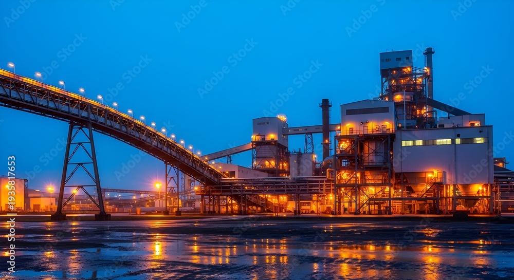 © Zenith - Industrial factory complex at dusk with illuminated machinery and conveyor belt over water reflecting golden lights