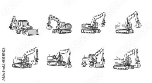 Excavator Icon Set, Construction Machinery Outline, Single Black Line Vector on White Background
