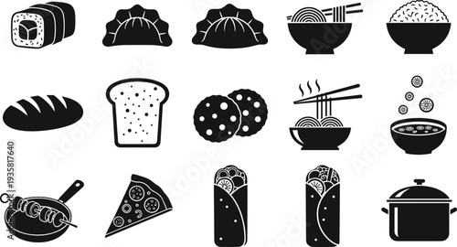 Large set of food silhouette icons including sushi dumplings noodles rice bread pizza burrito and cooking pot isolated on a white background