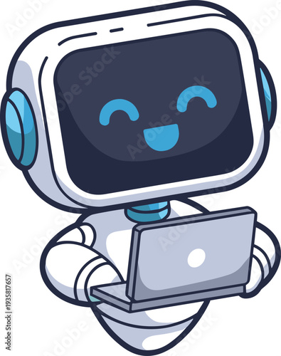Adorable friendly robot working on laptop cartoon vector illustration isolated on light background artificial intelligence assistant design