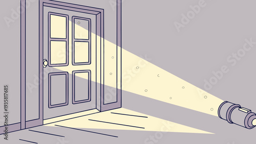 Mysterious flashlight beam shining through dark doorway indoors