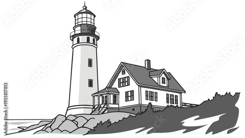 Monochrome illustration of a serene lighthouse standing beside a cozy house on rugged coastline