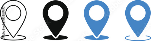 Location pin icon set featuring outline solid and blue map pointer symbols for navigation travel GPS tracking address marker and web interface design