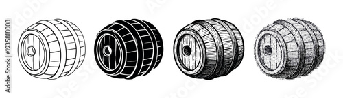 Four black and white wooden barrel illustrations showing various graphic techniques from simple outline and solid shape to detailed hatching and dotwork for a vintage aesthetic