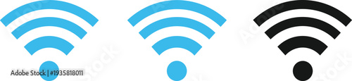 Three Wi-Fi signal icons in blue and black, representing wireless connectivity, network status, internet access, and user interface design for modern digital communication technology