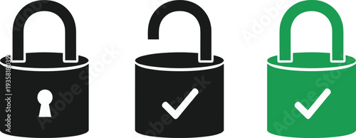 Security padlock icon set with open and closed states plus checkmark for data protection privacy safety authorization access granted vector illustration element