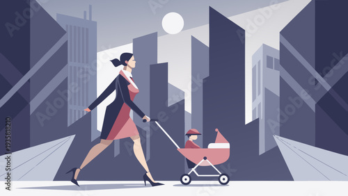 Businesswoman walking with baby stroller in modern city street urban motherhood lifestyle flat vector illustration with skyscrapers and minimal design