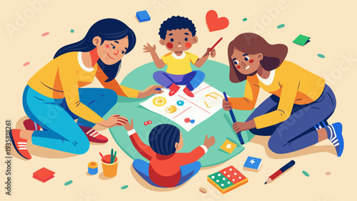 Mothers and children drawing together on floor during creative learning activity colorful flat vector illustration of family bonding and early education