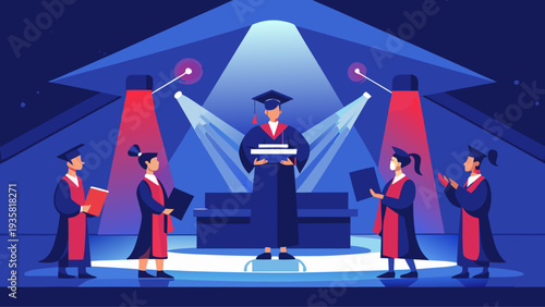 Graduates celebrating on stage during university graduation ceremony under bright lights academic achievement success and education milestone flat vector illustration