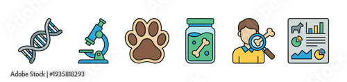 Set of colorful line icons representing veterinary science and animal biology, featuring symbols for genetics, laboratory research, pet care, specimen analysis, and data