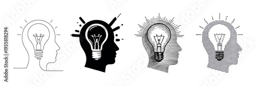 Four black and white human head icons with glowing lightbulbs inside, a conceptual set illustrating different styles like minimalist line art, solid silhouette, and vintage engraving