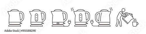 Electric kettle usage instruction icon set shows the step-by-step process of boiling water, from filling and plugging in to pouring hot liquid into a cup