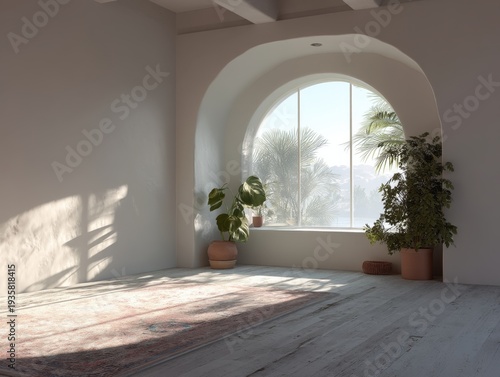 Minimalist room with arched window. Soft sunlight illuminates clean walls. Potted plants add green to serene space. Floor features subtle textured rug. Window frames distant palm trees