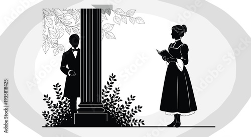 Vintage black silhouette of Victorian woman reading a book and man hiding behind column, romantic classical scene for literary designs