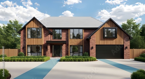 Modern luxury duplex house exterior with large windows and blue driveway in sunny suburban neighborhood