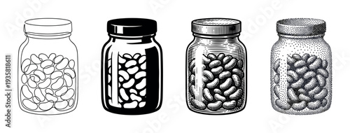 Four glass jars of beans illustrated in different artistic styles including line art, stencil, engraving, and stippling, showcasing a collection of graphic techniques