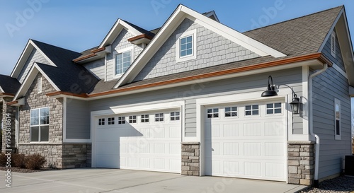Modern suburban two-car garage with white doors on luxury gray house exterior under clear blue sky