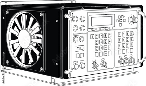 Industrial electronic control panel vector illustration, technical equipment with cooling fan and keypad interface, hardware device for laboratory machinery design