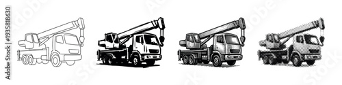 Set of four mobile crane truck illustrations in black and white, showing various graphic styles from simple line art to detailed engraving and halftone dot pattern