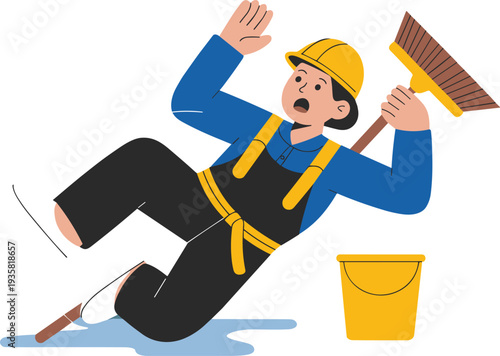 Construction worker slipping on wet floor while cleaning with broom and bucket, workplace accident safety risk cartoon vector illustration background