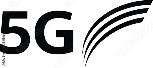 Vector illustration of 5G technology icon with bold text and stylized radio wave signal arcs representing mobile network, wireless connectivity, and communication design
