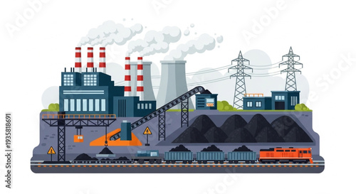 Coal mining industrial complex with power plant and trains.