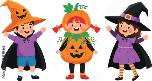 Set of cute cartoon children in Halloween costumes featuring boy in wizard hat girl in pumpkin outfit and little witch