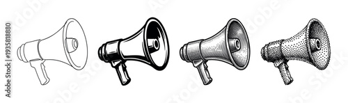 Set of four black megaphone illustrations showing different artistic styles including line art, solid graphic, vintage engraving, and modern pointillism for communication concepts