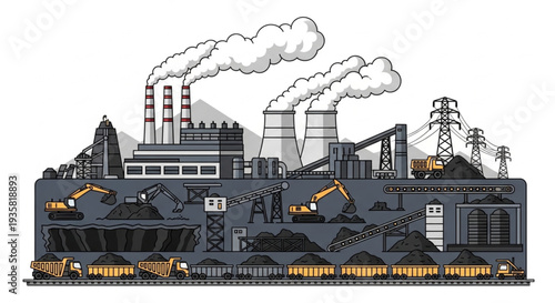Coal mining industrial complex with power plant and underground extraction.