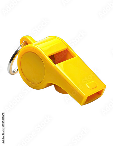 Bright yellow plastic whistle with a silver keyring isolated on a black background.