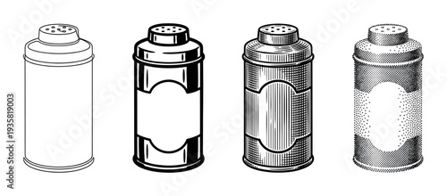 Four black and white shaker bottle illustrations presented in a variety of graphic styles including line art, bold outline, detailed engraving, and stippling