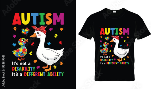 Different Ability Duck Puzzle Autism T-Shirt, t-shirt design, tshirt, vector, illustration, logo, apparel, typography, Autism