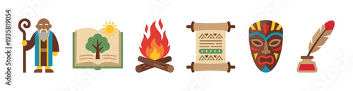 Set of six colorful flat icons representing ancient storytelling, folklore, and mythology, including a sage, book, campfire, scroll, tribal mask, and quill pen with ink