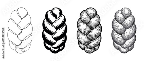 Four braided challah bread loaf illustrations in different artistic styles including continuous line art, bold graphic, vintage engraving, and modern stippling dotwork