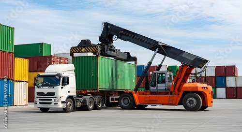 Heavy duty orange forklift loading green shipping container onto white semi truck at colorful cargo port yard under clear sky
