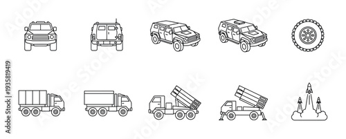 Various military vehicles and rockets are depicted as simple black outline icons, showcasing different angles of SUVs, cargo trucks, and multiple rocket launchers, alongside launching missiles