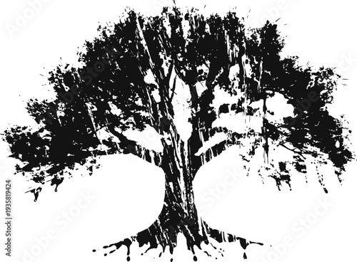 Silhouette of a large spreading tree with detailed branches and roots in black and white