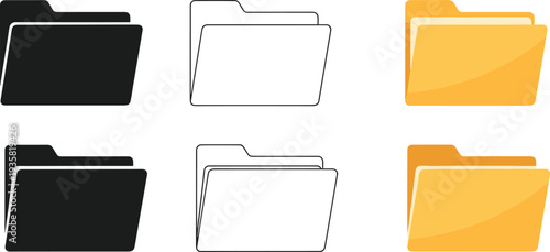Set of folder icons in various styles including solid black flat line art and realistic yellow 3D folders for organized file management