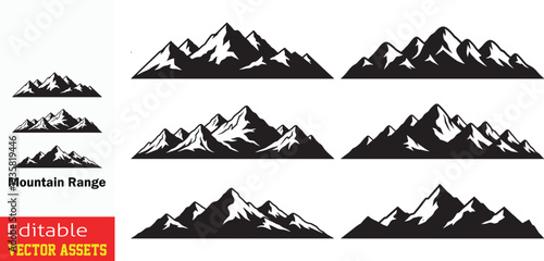Vector mountain range silhouettes: Set of majestic jagged peaks and snowy summits. Minimalist black and white mountain landscapes for adventure logos, outdoor branding, and nature emblems. Isolated