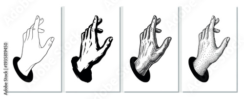 Four distinct black and white illustrative hands with fingers crossed emerge from a dark opening, each rendered in a unique graphic art style including outline, brush, engraving, and stippling