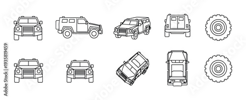 Collection of line art off-road vehicles and tires presented in various perspectives, including front, side, isometric, top, and back views, along with detailed tire icons