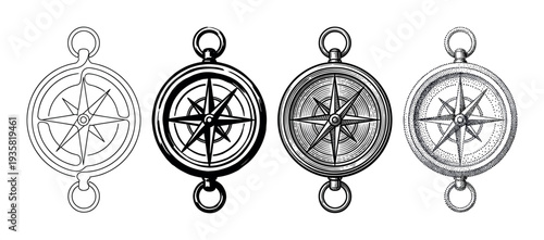 Four vintage illustrated compasses in different artistic styles, including outline, solid, engraving, and stippling, showcasing classic navigation tools with detailed craftsmanship