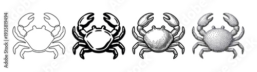 Four distinct black and white stylized crab illustrations showcase various artistic techniques, including continuous line, bold silhouette, detailed engraving, and intricate stipple art