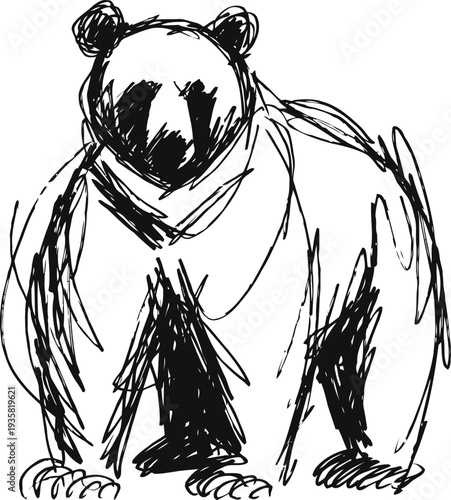 Sketch of a giant panda in black ink rough lines creating a sitting bear with distinct dark eye patches and round ears